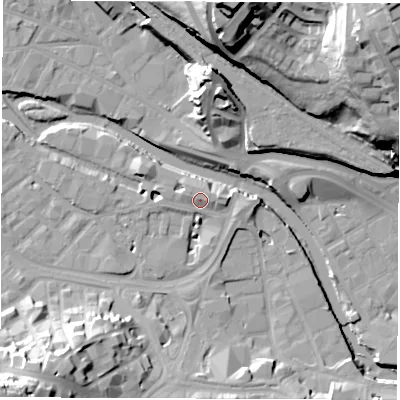 Shaded relief map of the ground around S38RR, computed from Environment Agency LiDAR. The ground here sits at about 51 m above sea level and falls 50 m across the surrounding 800 m. Surface water reaching this point runs off ground lying to the north-west, 1.9 m higher.