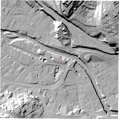 Shaded relief map of the ground around S38RT, computed from Environment Agency LiDAR. The ground here sits at about 52 m above sea level and falls 51 m across the surrounding 800 m. Surface water reaching this point runs off ground lying to the south-south-east, 1.2 m higher.