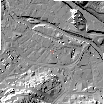 Shaded relief map of the ground around S38RW, computed from Environment Agency LiDAR. The ground here sits at about 49 m above sea level and falls 38 m across the surrounding 800 m. Surface water reaching this point runs off ground lying to the south-west, 36.9 m higher.