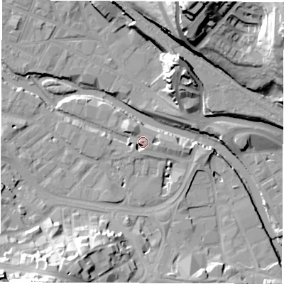 Shaded relief map of the ground around S38RY, computed from Environment Agency LiDAR. The ground here sits at about 50 m above sea level and falls 49 m across the surrounding 800 m. Surface water reaching this point runs off ground lying to the north-west, 3.0 m higher.