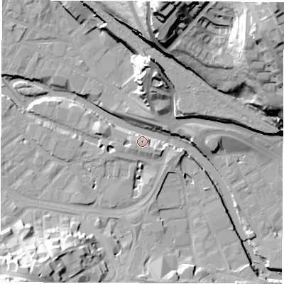Shaded relief map of the ground around S38RZ, computed from Environment Agency LiDAR. The ground here sits at about 51 m above sea level and falls 51 m across the surrounding 800 m. Surface water reaching this point runs off ground lying to the north, 22.3 m higher.