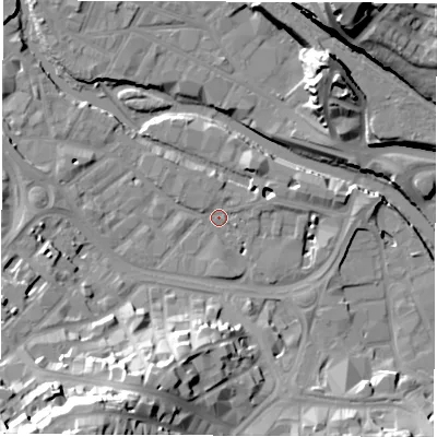 Shaded relief map of the ground around S38SA, computed from Environment Agency LiDAR. The ground here sits at about 49 m above sea level and falls 37 m across the surrounding 800 m. Surface water reaching this point runs off ground lying to the south-west, 36.1 m higher.