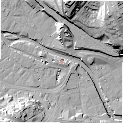 Shaded relief map of the ground around S38SB, computed from Environment Agency LiDAR. The ground here sits at about 51 m above sea level and falls 51 m across the surrounding 800 m. Surface water reaching this point runs off ground lying to the south-east, 5.7 m higher.