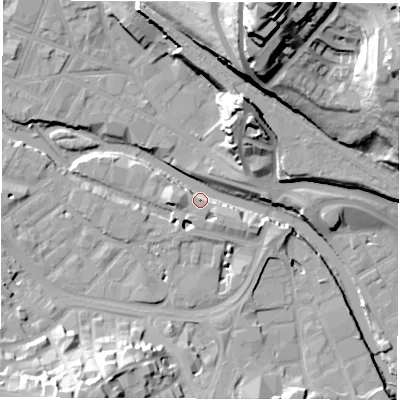 Shaded relief map of the ground around S38SD, computed from Environment Agency LiDAR. The ground here sits at about 50 m above sea level and falls 54 m across the surrounding 800 m. Surface water reaching this point runs off ground lying to the north-north-east, 22.3 m higher.