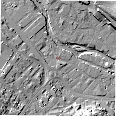 Shaded relief map of the ground around S38SE, computed from Environment Agency LiDAR. The ground here sits at about 51 m above sea level and falls 32 m across the surrounding 800 m. Surface water reaching this point runs off ground lying to the west, 7.4 m higher.