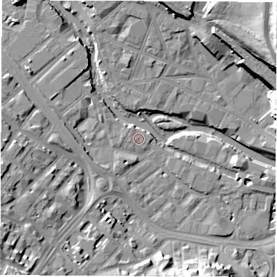 Shaded relief map of the ground around S38SH, computed from Environment Agency LiDAR. The ground here sits at about 51 m above sea level and falls 39 m across the surrounding 800 m. The ground contributing surface water to this point lies to the north-north-west.