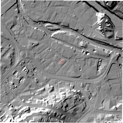 Shaded relief map of the ground around S38SJ, computed from Environment Agency LiDAR. The ground here sits at about 50 m above sea level and falls 37 m across the surrounding 800 m. Surface water reaching this point runs off ground lying to the south-south-west, 33.3 m higher.