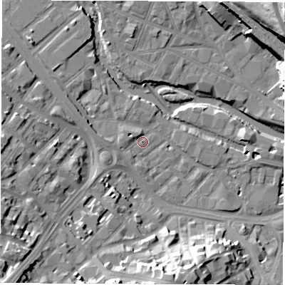 Shaded relief map of the ground around S38SL, computed from Environment Agency LiDAR. The ground here sits at about 50 m above sea level and falls 34 m across the surrounding 800 m. Surface water reaching this point runs off ground lying to the south-west, 24.4 m higher.