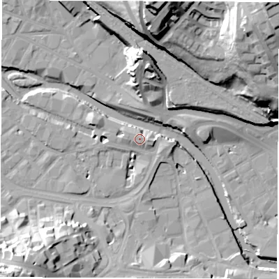 Shaded relief map of the ground around S38SN, computed from Environment Agency LiDAR. The ground here sits at about 52 m above sea level and falls 51 m across the surrounding 800 m. Surface water reaching this point runs off ground lying to the south, 1.6 m higher.
