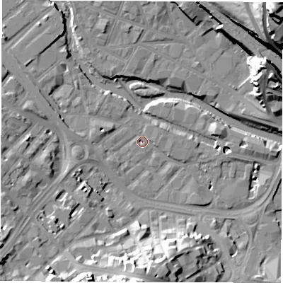 Shaded relief map of the ground around S38SQ, computed from Environment Agency LiDAR. The ground here sits at about 49 m above sea level and falls 49 m across the surrounding 800 m. Surface water reaching this point runs off ground lying to the south-west, 19.0 m higher.