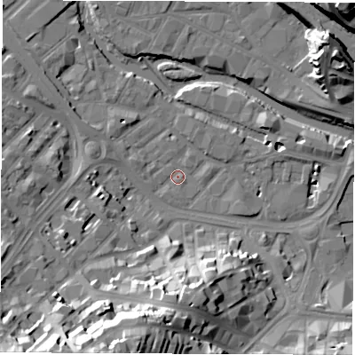 Shaded relief map of the ground around S38SR, computed from Environment Agency LiDAR. The ground here sits at about 50 m above sea level and falls 38 m across the surrounding 800 m. Surface water reaching this point runs off ground lying to the south-south-west, 33.6 m higher.