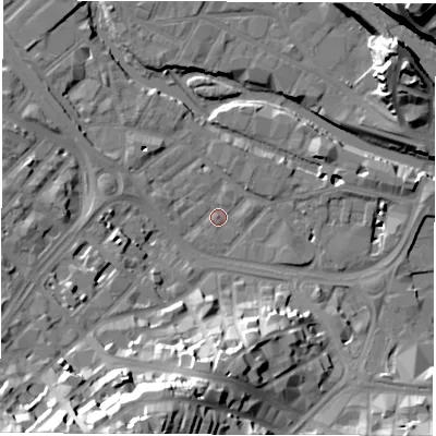Shaded relief map of the ground around S38SS, computed from Environment Agency LiDAR. The ground here sits at about 50 m above sea level and falls 38 m across the surrounding 800 m. Surface water reaching this point runs off ground lying to the south-south-west, 33.6 m higher.