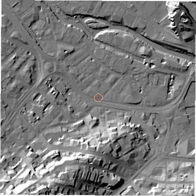 Shaded relief map of the ground around S38SU, computed from Environment Agency LiDAR. The ground here sits at about 50 m above sea level and falls 47 m across the surrounding 800 m. Surface water reaching this point runs off ground lying to the south, 20.3 m higher.