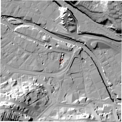 Shaded relief map of the ground around S38SW, computed from Environment Agency LiDAR. The ground here sits at about 47 m above sea level and falls 46 m across the surrounding 800 m. Surface water reaching this point runs off ground lying to the south-west, 35.2 m higher.