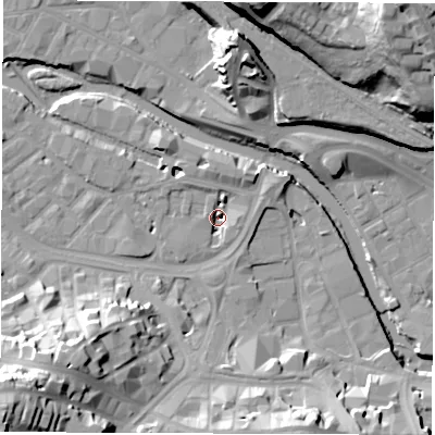 Shaded relief map of the ground around S38SX, computed from Environment Agency LiDAR. The ground here sits at about 47 m above sea level and falls 46 m across the surrounding 800 m. Surface water reaching this point runs off ground lying to the south-west, 34.9 m higher.