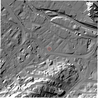 Shaded relief map of the ground around S38UH, computed from Environment Agency LiDAR. The ground here sits at about 50 m above sea level and falls 46 m across the surrounding 800 m. Surface water reaching this point runs off ground lying to the south-west, 4.8 m higher.