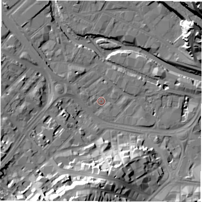 Shaded relief map of the ground around S38UR, computed from Environment Agency LiDAR. The ground here sits at about 50 m above sea level and falls 37 m across the surrounding 800 m. Surface water reaching this point runs off ground lying to the south-south-west, 33.2 m higher.