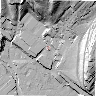Shaded relief map of the ground around S39PJ, computed from Environment Agency LiDAR. The ground here sits at about 67 m above sea level and falls 84 m across the surrounding 800 m. Surface water reaching this point runs off ground lying to the north, 65.1 m higher.