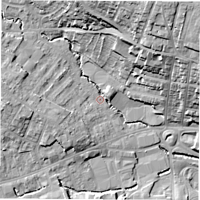 Shaded relief map of the ground around S401AX, computed from Environment Agency LiDAR. The ground here sits at about 83 m above sea level and falls 34 m across the surrounding 800 m. Surface water reaching this point runs off ground lying to the north-north-east, 31.1 m higher.