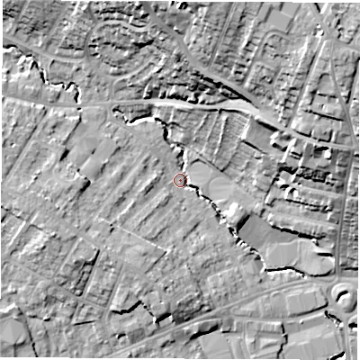 Shaded relief map of the ground around S401DN, computed from Environment Agency LiDAR. The ground here sits at about 84 m above sea level and falls 36 m across the surrounding 800 m. Surface water reaching this point runs off ground lying to the north, 32.8 m higher.