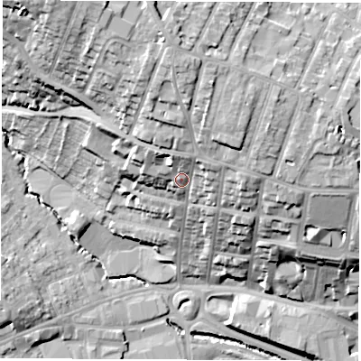 Shaded relief map of the ground around S401NJ, computed from Environment Agency LiDAR. The ground here sits at about 100 m above sea level and falls 38 m across the surrounding 800 m. Surface water reaching this point runs off ground lying to the north, 13.8 m higher.