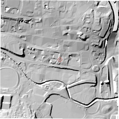Shaded relief map of the ground around S401SZ, computed from Environment Agency LiDAR. The ground here sits at about 85 m above sea level and falls 32 m across the surrounding 800 m. Surface water reaching this point runs off ground lying to the north, 18.4 m higher.