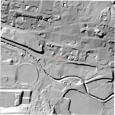 Shaded relief map of the ground around S401TA, computed from Environment Agency LiDAR. The ground here sits at about 79 m above sea level and falls 33 m across the surrounding 800 m. Surface water reaching this point runs off ground lying to the north, 25.2 m higher.