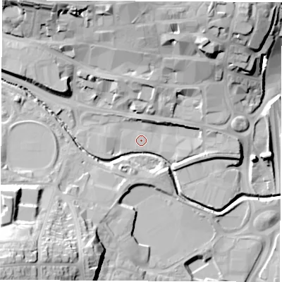 Shaded relief map of the ground around S401TB, computed from Environment Agency LiDAR. The ground here sits at about 78 m above sea level and falls 36 m across the surrounding 800 m. Surface water reaching this point runs off ground lying to the north, 22.9 m higher.