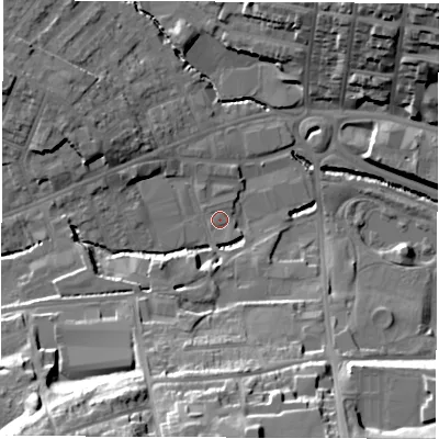Shaded relief map of the ground around S402AB, computed from Environment Agency LiDAR. The ground here sits at about 83 m above sea level and falls 30 m across the surrounding 800 m. Surface water reaching this point runs off ground lying to the south-south-west, 26.6 m higher.