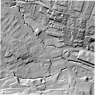 Shaded relief map of the ground around S402AJ, computed from Environment Agency LiDAR. The ground here sits at about 82 m above sea level and falls 33 m across the surrounding 800 m. Surface water reaching this point runs off ground lying to the north-north-east, 29.8 m higher.