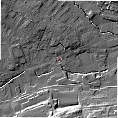 Shaded relief map of the ground around S402AR, computed from Environment Agency LiDAR. The ground here sits at about 85 m above sea level and falls 26 m across the surrounding 800 m. Surface water reaching this point runs off ground lying to the south, 23.0 m higher.