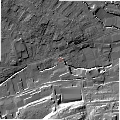 Shaded relief map of the ground around S402AS, computed from Environment Agency LiDAR. The ground here sits at about 85 m above sea level and falls 29 m across the surrounding 800 m. Surface water reaching this point runs off ground lying to the south, 24.8 m higher.