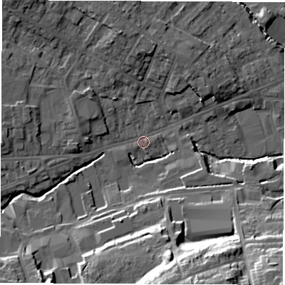 Shaded relief map of the ground around S402AT, computed from Environment Agency LiDAR. The ground here sits at about 85 m above sea level and falls 29 m across the surrounding 800 m. Surface water reaching this point runs off ground lying to the south-south-east, 25.5 m higher.