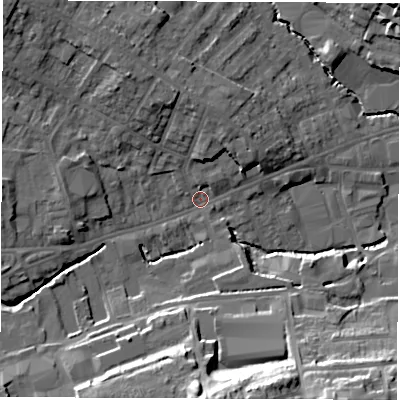 Shaded relief map of the ground around S402AU, computed from Environment Agency LiDAR. The ground here sits at about 85 m above sea level and falls 25 m across the surrounding 800 m. Surface water reaching this point runs off ground lying to the south, 22.2 m higher.