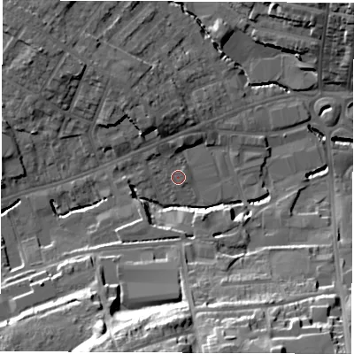 Shaded relief map of the ground around S402AX, computed from Environment Agency LiDAR. The ground here sits at about 84 m above sea level and falls 29 m across the surrounding 800 m. Surface water reaching this point runs off ground lying to the north-north-west, 6.1 m higher.
