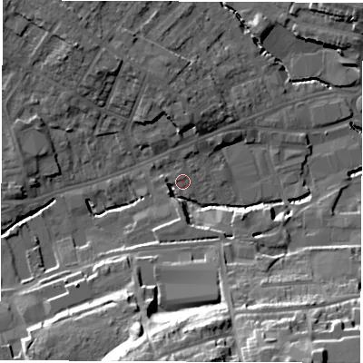 Shaded relief map of the ground around S402AY, computed from Environment Agency LiDAR. The ground here sits at about 84 m above sea level and falls 30 m across the surrounding 800 m. Surface water reaching this point runs off ground lying to the south-south-west, 24.8 m higher.