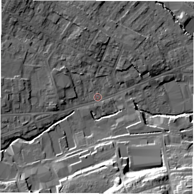 Shaded relief map of the ground around S402BA, computed from Environment Agency LiDAR. The ground here sits at about 85 m above sea level and falls 26 m across the surrounding 800 m. Surface water reaching this point runs off ground lying to the north-west, 10.5 m higher.