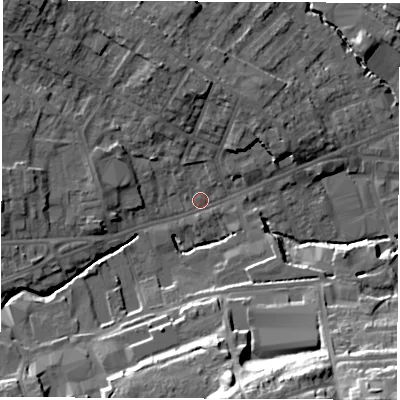 Shaded relief map of the ground around S402BD, computed from Environment Agency LiDAR. The ground here sits at about 85 m above sea level and falls 26 m across the surrounding 800 m. Surface water reaching this point runs off ground lying to the north-west, 10.9 m higher.