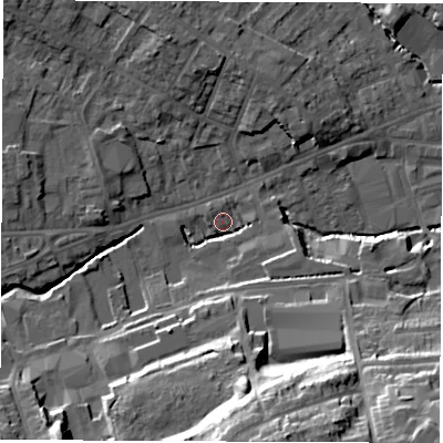 Shaded relief map of the ground around S402BE, computed from Environment Agency LiDAR. The ground here sits at about 85 m above sea level and falls 30 m across the surrounding 800 m. Surface water reaching this point runs off ground lying to the south-south-east, 27.4 m higher.