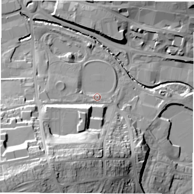 Shaded relief map of the ground around S402BF, computed from Environment Agency LiDAR. The ground here sits at about 83 m above sea level and falls 44 m across the surrounding 800 m. Surface water reaching this point runs off ground lying to the south-west, 29.4 m higher.
