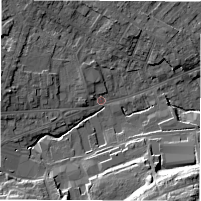Shaded relief map of the ground around S402BL, computed from Environment Agency LiDAR. The ground here sits at about 87 m above sea level and falls 29 m across the surrounding 800 m. Surface water reaching this point runs off ground lying to the west, 10.5 m higher.