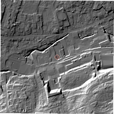 Shaded relief map of the ground around S402BN, computed from Environment Agency LiDAR. The ground here sits at about 87 m above sea level and falls 34 m across the surrounding 800 m. Surface water reaching this point runs off ground lying to the south-south-east, 27.1 m higher.