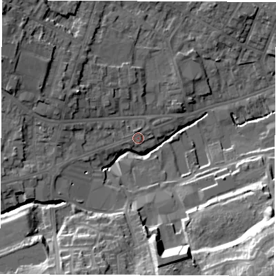 Shaded relief map of the ground around S402BY, computed from Environment Agency LiDAR. The ground here sits at about 90 m above sea level and falls 29 m across the surrounding 800 m. Surface water reaching this point runs off ground lying to the west-south-west, 1.5 m higher.