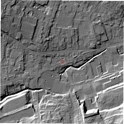 Shaded relief map of the ground around S402BZ, computed from Environment Agency LiDAR. The ground here sits at about 91 m above sea level and falls 26 m across the surrounding 800 m. Surface water reaching this point runs off ground lying to the north-west, 14.1 m higher.