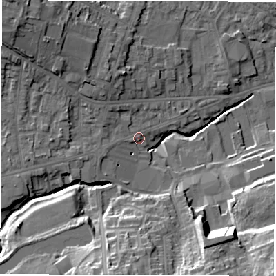 Shaded relief map of the ground around S402DQ, computed from Environment Agency LiDAR. The ground here sits at about 91 m above sea level and falls 24 m across the surrounding 800 m. Surface water reaching this point runs off ground lying to the north-west, 14.2 m higher.