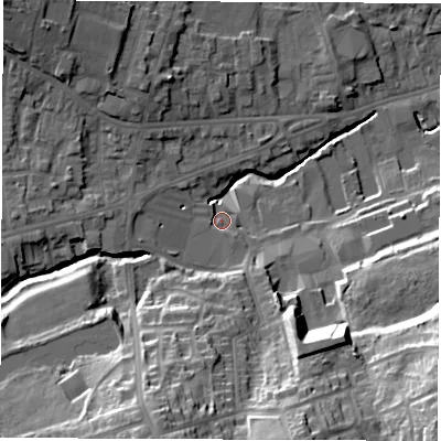 Shaded relief map of the ground around S402DT, computed from Environment Agency LiDAR. The ground here sits at about 89 m above sea level and falls 30 m across the surrounding 800 m. Surface water reaching this point runs off ground lying to the south-south-west, 22.4 m higher.