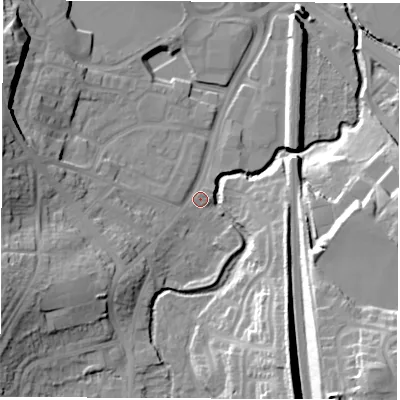 Shaded relief map of the ground around S402ED, computed from Environment Agency LiDAR. The ground here sits at about 76 m above sea level and falls 28 m across the surrounding 800 m. Surface water reaching this point runs off ground lying to the west-south-west, 16.4 m higher.