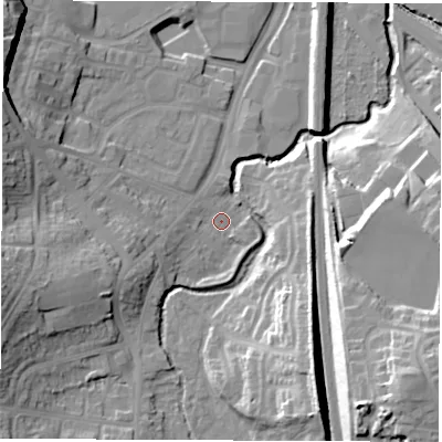 Shaded relief map of the ground around S402EE, computed from Environment Agency LiDAR. The ground here sits at about 75 m above sea level and falls 28 m across the surrounding 800 m. Surface water reaching this point runs off ground lying to the west-south-west, 7.8 m higher.