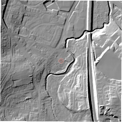 Shaded relief map of the ground around S402EG, computed from Environment Agency LiDAR. The ground here sits at about 75 m above sea level and falls 28 m across the surrounding 800 m. Surface water reaching this point runs off ground lying to the west-south-west, 7.8 m higher.