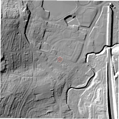 Shaded relief map of the ground around S402EH, computed from Environment Agency LiDAR. The ground here sits at about 78 m above sea level and falls 31 m across the surrounding 800 m. Surface water reaching this point runs off ground lying to the west-north-west, 25.4 m higher.